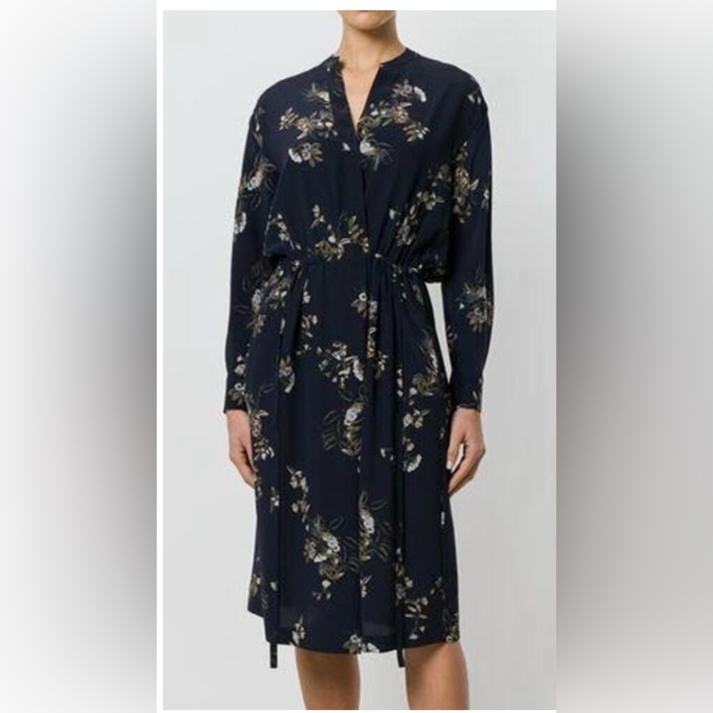 Vince 100% Silk Navy Floral Deep V Midi Dress sz M